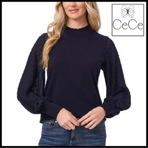 Cece Mockneck Sweater Clip Dot Sleeves. True Navy. Size L.